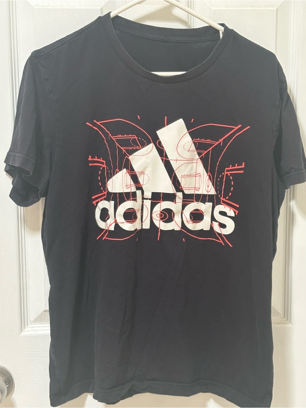adidas Black Short-Sleeve Tee with White Logo and Red Graphic